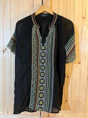 CALE Black Embroidered Boho Blouse with Red & Lime Accents